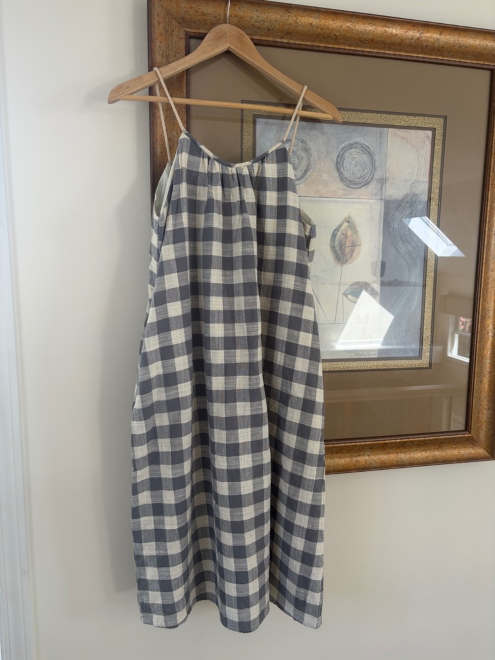 Checked Spaghetti-Strap Midi Dress in Black and Cream